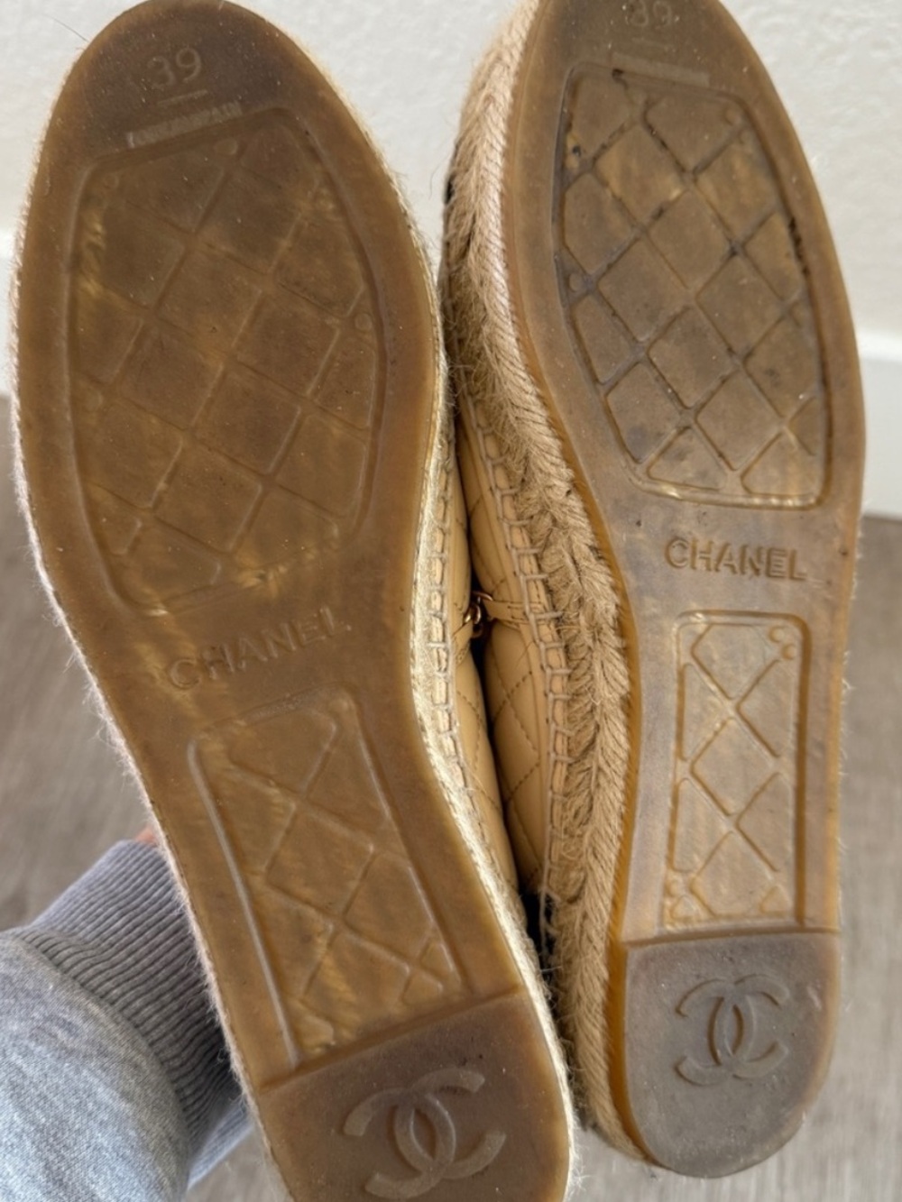 CHANEL Quilted Beige Leather Espadrilles with Black Cap Toe & Gold Chain - Picture 6 of 8